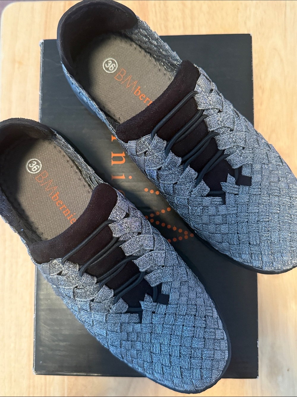 bernie mev. Women’s Woven Slip-On Sneakers in Metallic Gray and Black